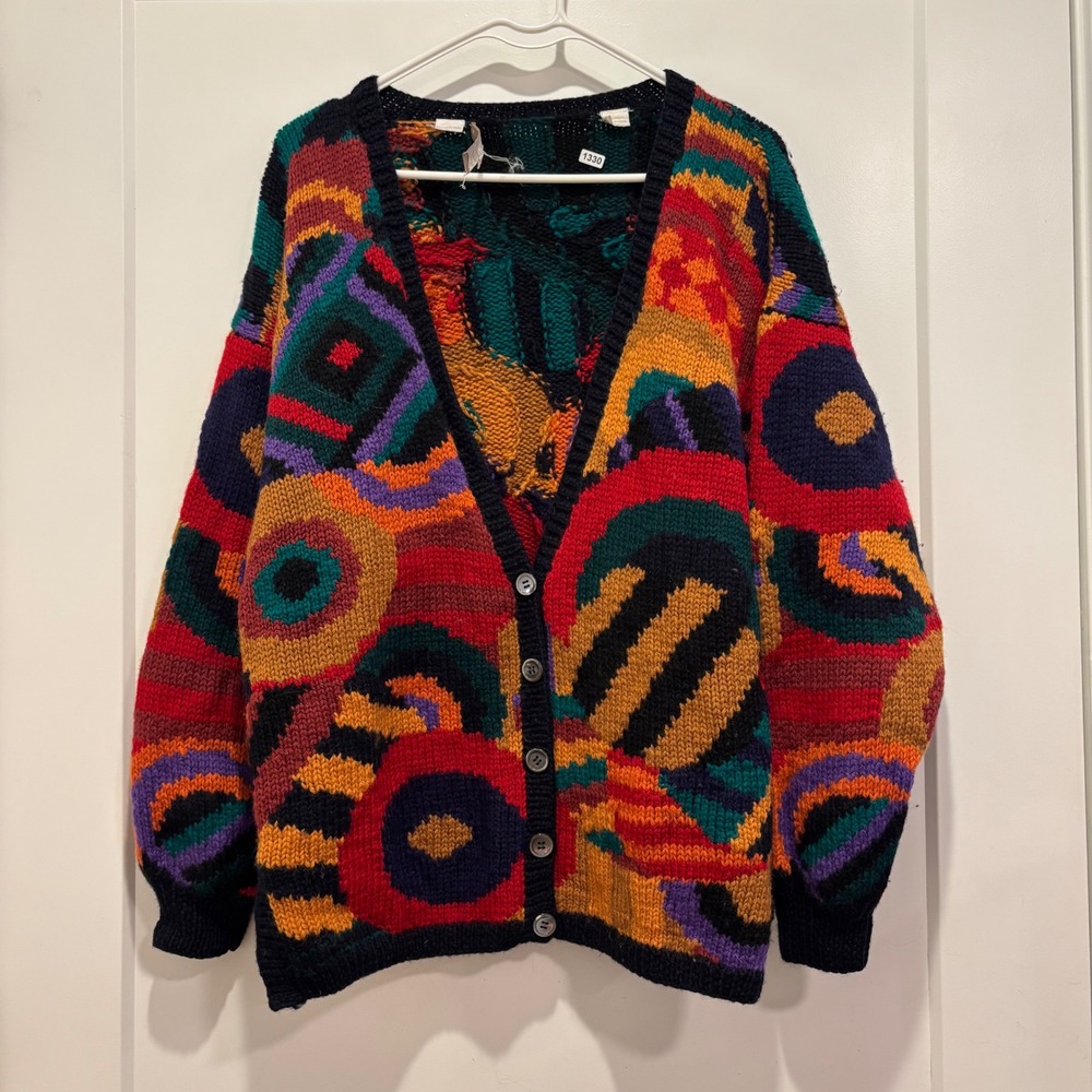Perry Ellis Portfolio Vintage Hand Knitted Abstract Geometric Sweater Medium